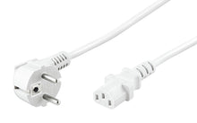 Apparatkabel C13 hvid 5 m med venstrevinklet Schuko (type F) stik og højrevendt IEC C13-stik.