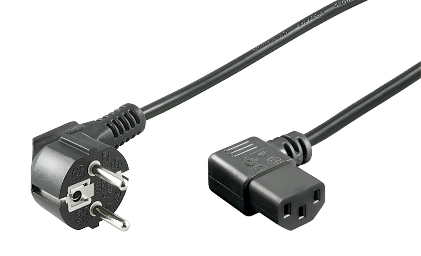 Apparatkabel C13, vinklet stik, sort, 2 m, europæisk Schuko i den ene ende og vinklet IEC C13 i den anden.