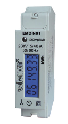 Velleman digital elmåler DIN-montering, model EMDIN01, blå LCD, 230V, 5(40)A, 50/60Hz, viser kWh og 1000imp/kWh.