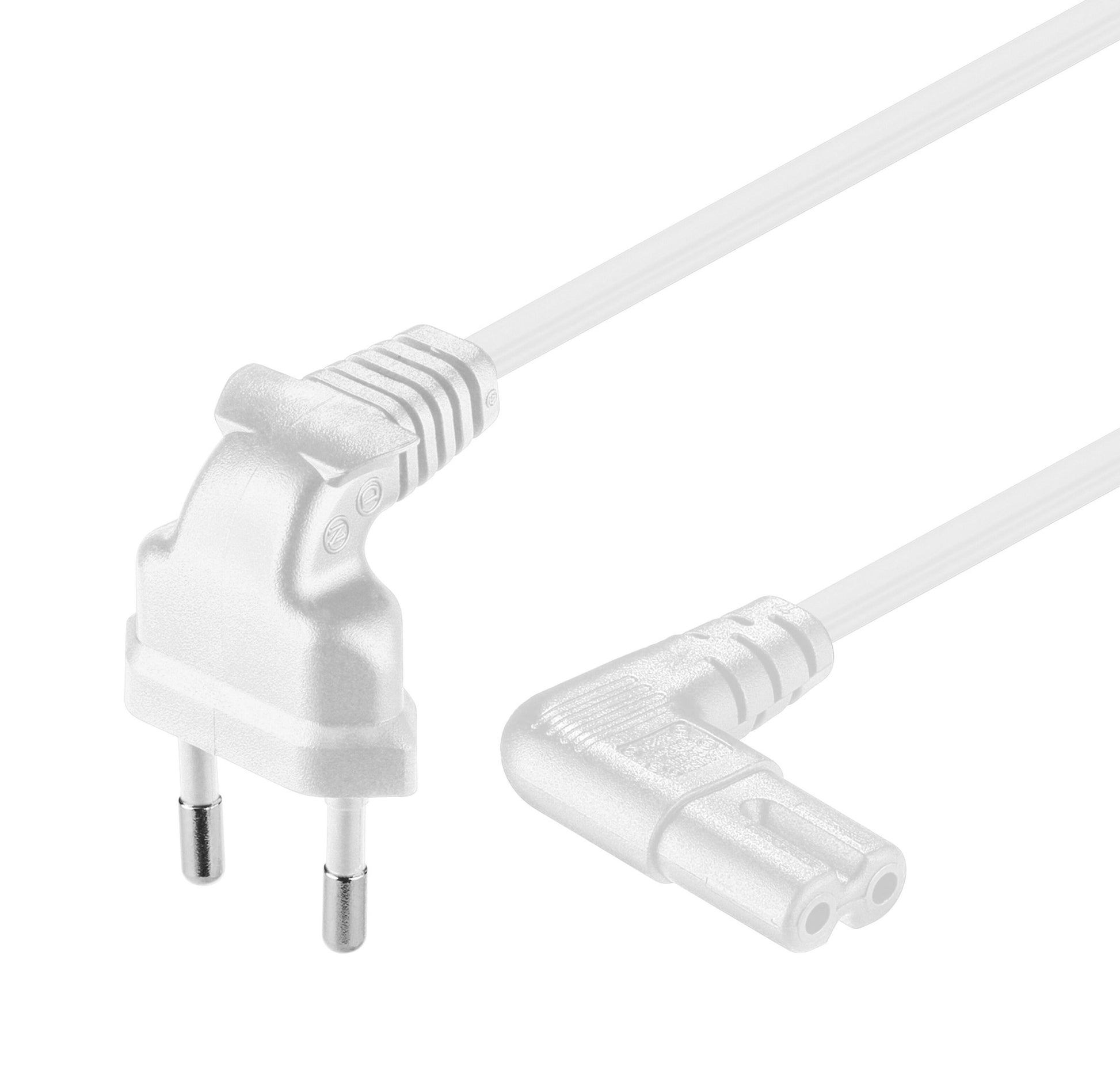 Apparatkabel C7 3m hvid med europæisk stik og vinklet C7 (8-tals) tilslutning.