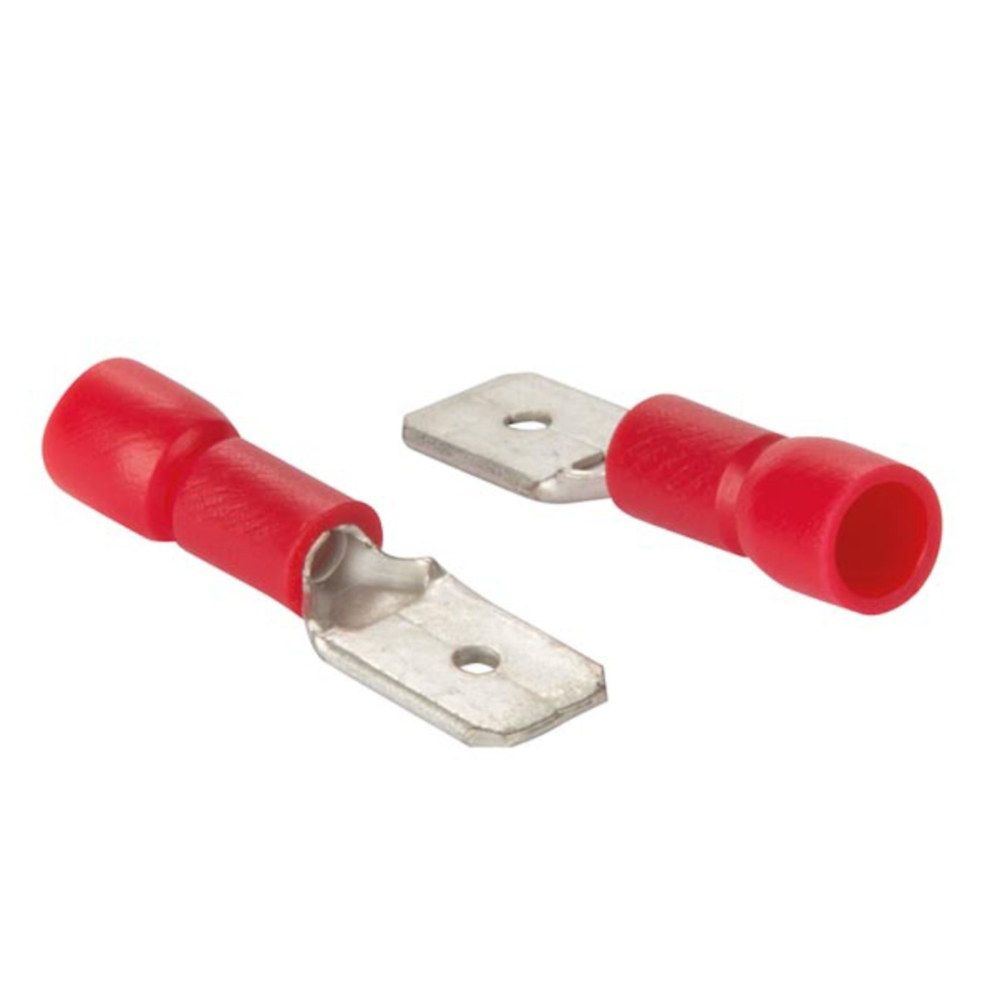 Rød fladstift 10-pakning, 2,8 mm stik til elforbindelser, metalender og skruehuller, én vist oppefra og én i vinkel.
