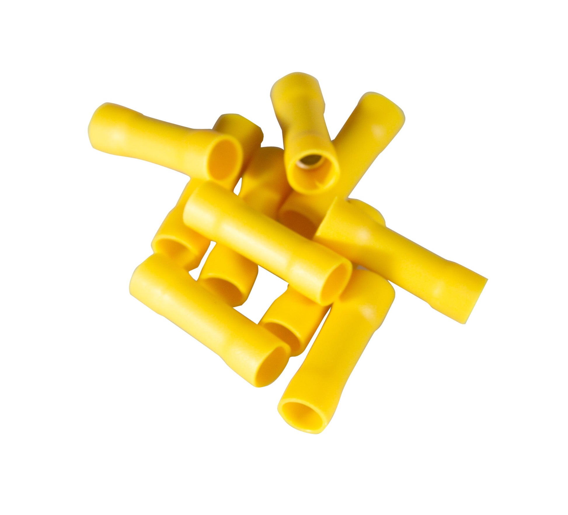 Velleman gul skarvhylse 10-pakning, butt splice connectors til elinstallation, synlig pakke med gule forbindere.