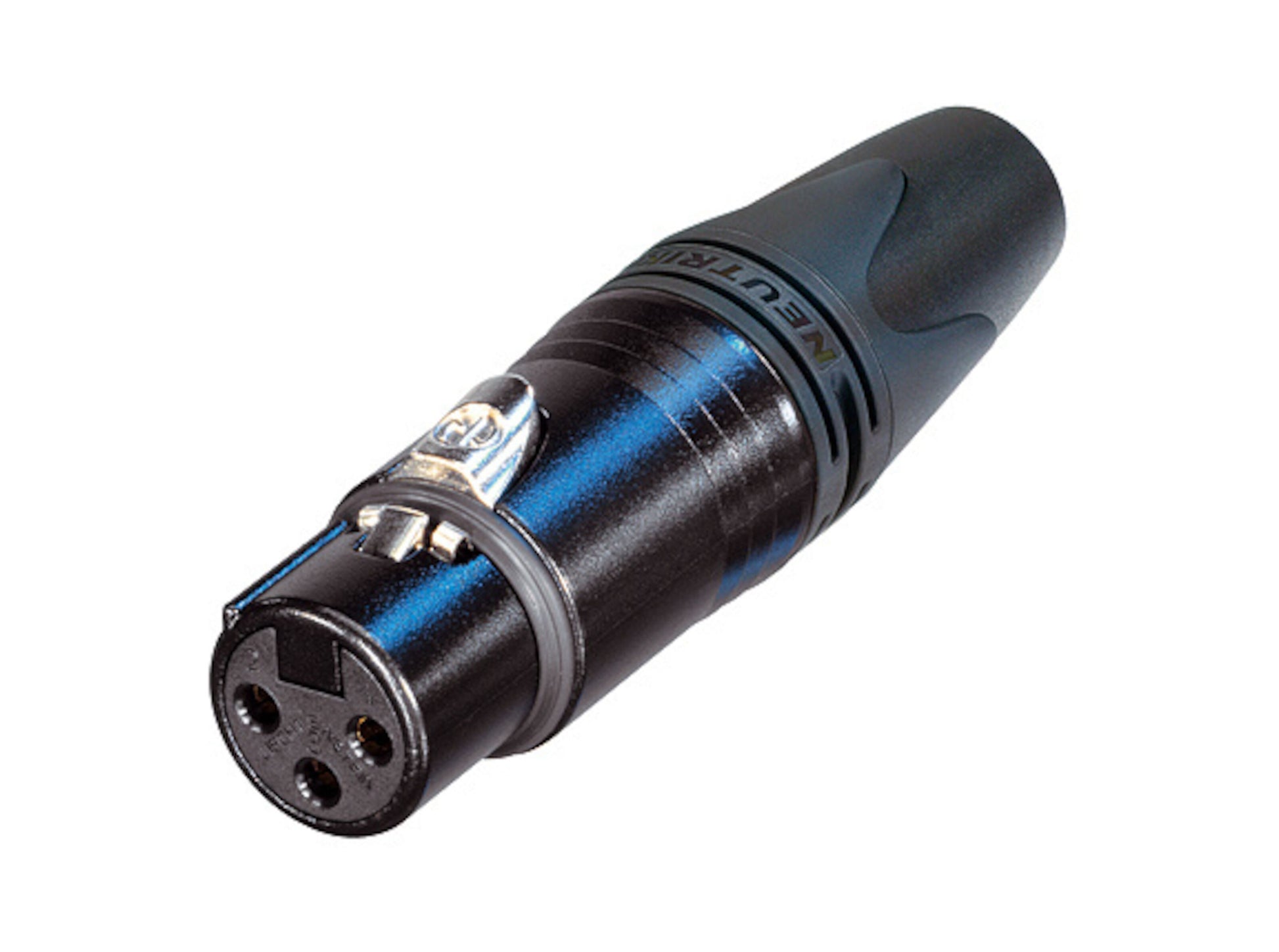 Neutrik XLR-hun stik sort med metallås og mærkat, til signalkabler og loddeforbindelser.