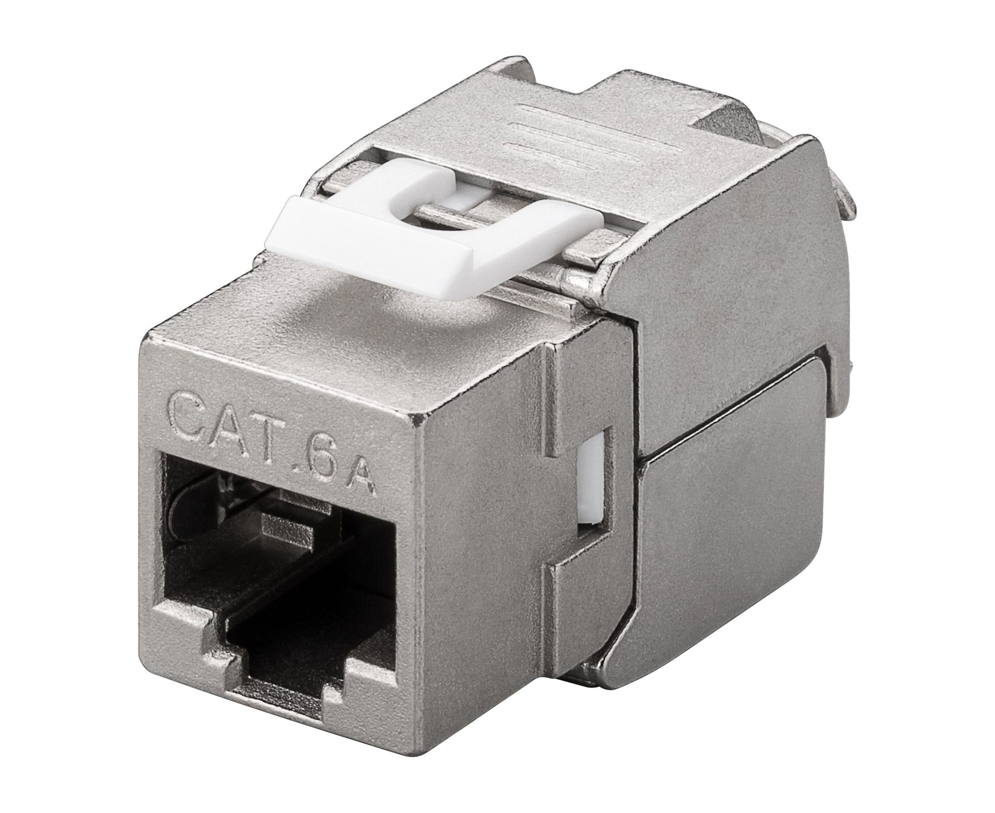Luxorparts Keystone Cat. 6a FTP værktøjsfri Ethernet jack, metalhus, hvid plastklip, til RJ45 netværkskabler.