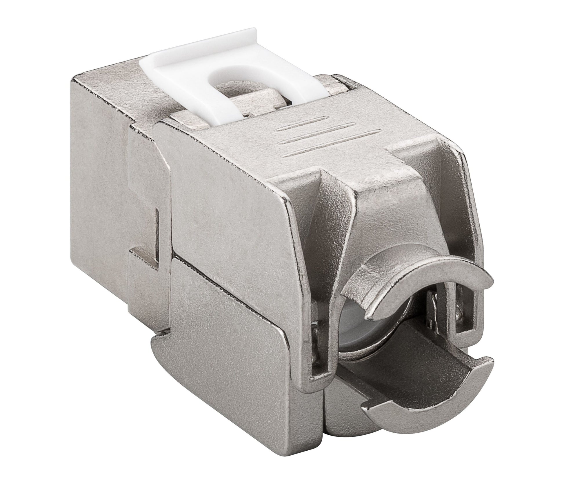 Luxorparts Keystone Cat. 6a FTP metal keystone jack, hvid plastklips, rundt RJ45 modulstik, værktøjsfri montering.