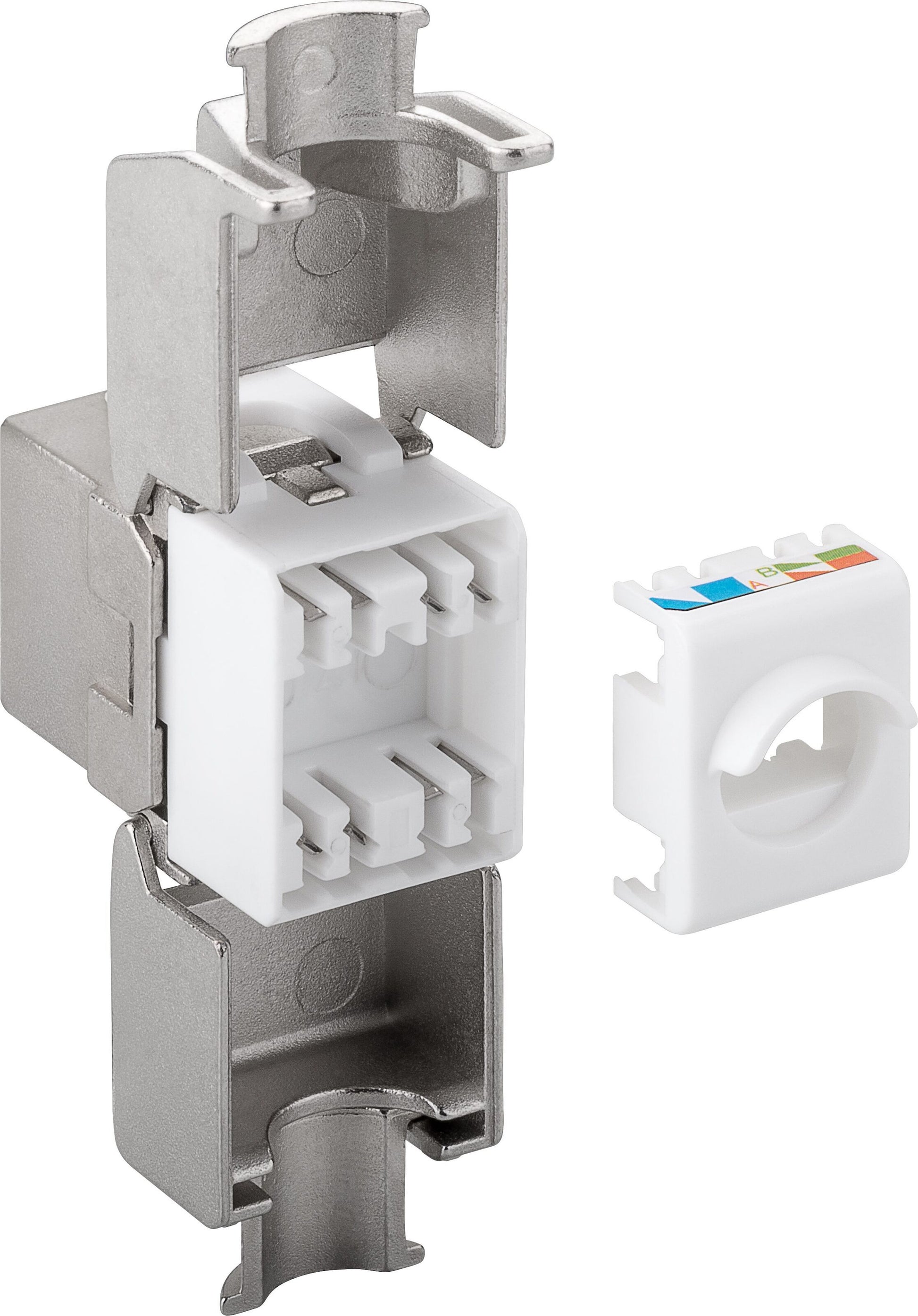 Luxorparts Keystone Cat. 6a FTP værktøjsfri, metalskjold, aftagelig hvid del, farvekodede ledningsetiketter.