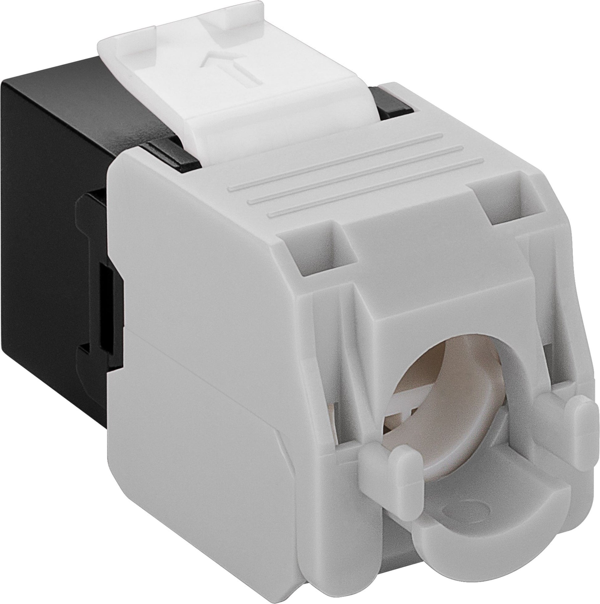 Keystone Cat. 6a UTP værktøjsfri sort connector med rundt fronthul og hængslet låg til Ethernet netværksvægpaneler.