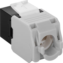 Keystone Cat. 6a UTP værktøjsfri sort connector med rundt fronthul og hængslet låg til Ethernet netværksvægpaneler.