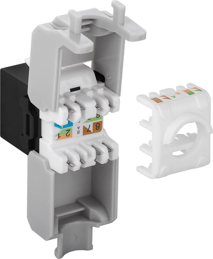 Luxorparts Keystone Cat. 6a UTP værktøjsfri sort jack, hvid trådholder afmonteret, synlige farvekodede ledningsspor.