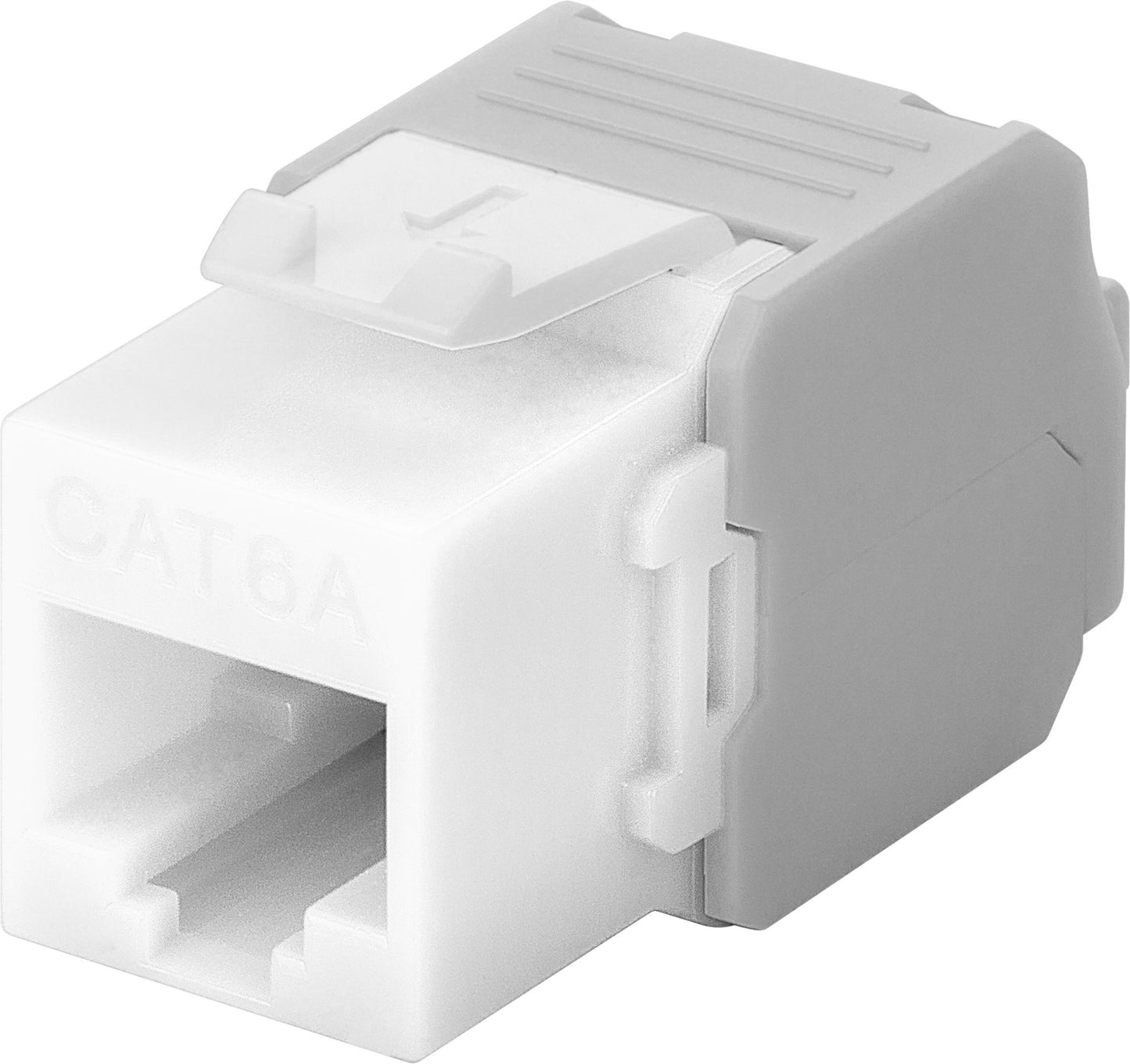 Keystone Cat. 6a UTP værktøjsfri jack hvid med synligt stikport og top lock-clip.