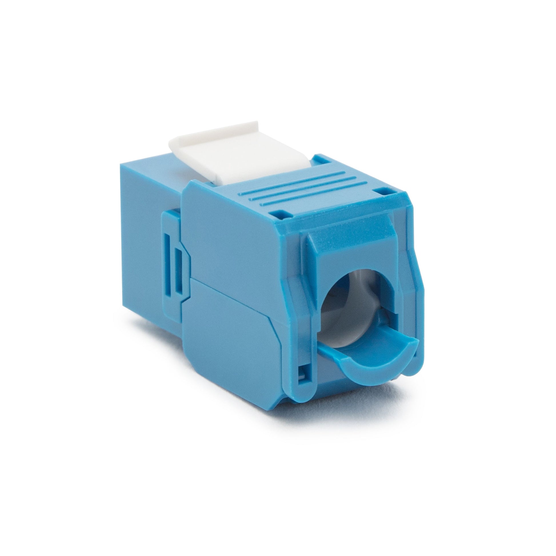Luxorparts Keystone Cat. 6a UTP keystone jack blå med hvid clips, RJ45-stik.