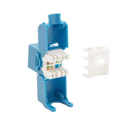 Keystone Cat. 6a UTP værktøjsfri modul blå med åbning til keystone jack og separat hvid kabelorganizer til RJ45 netværk.