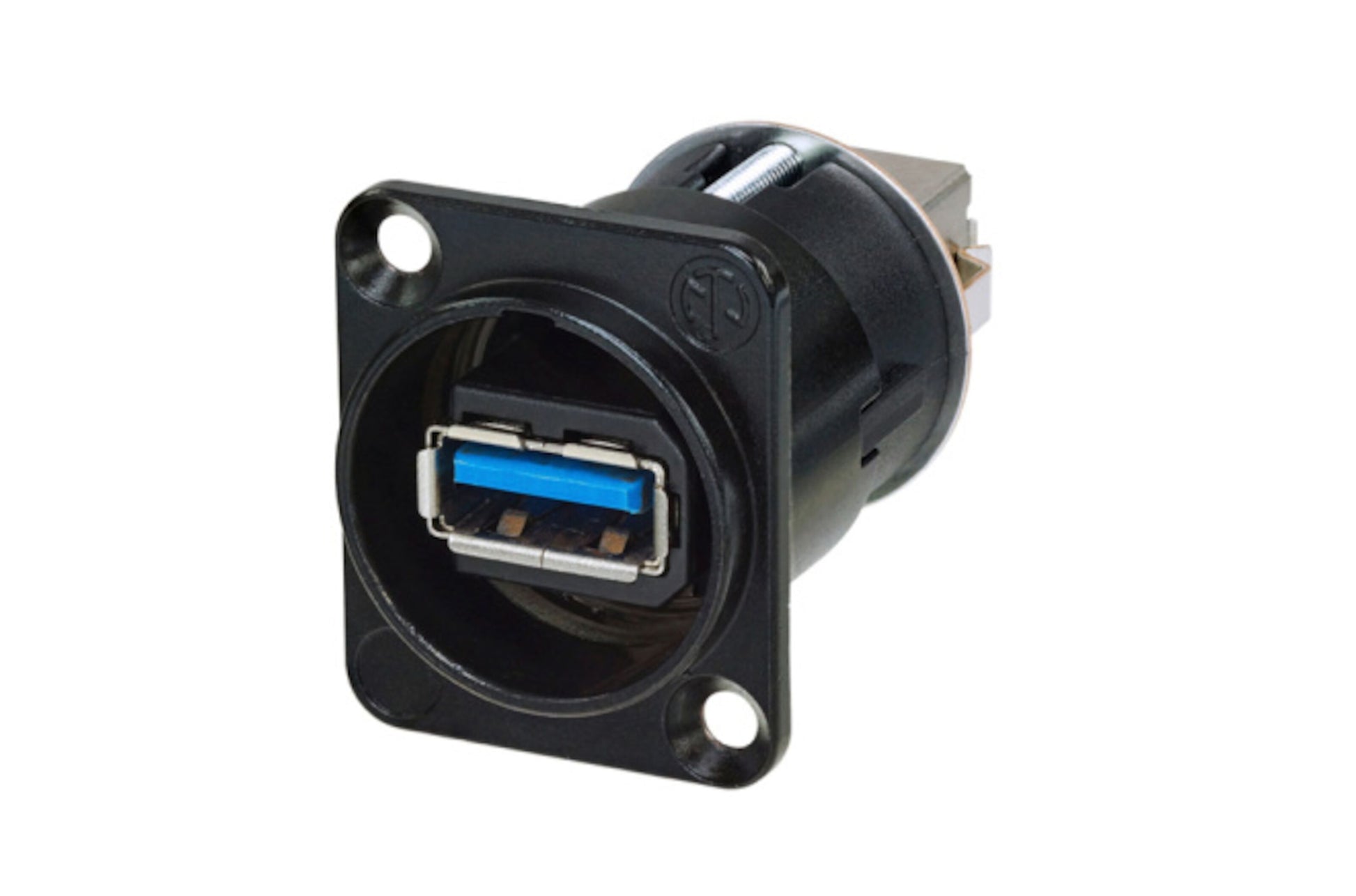 Neutrik Panelstråd USB 5 Gb/s sort stik med blå indvendig tap og to monteringshuller, tæt på detalje.