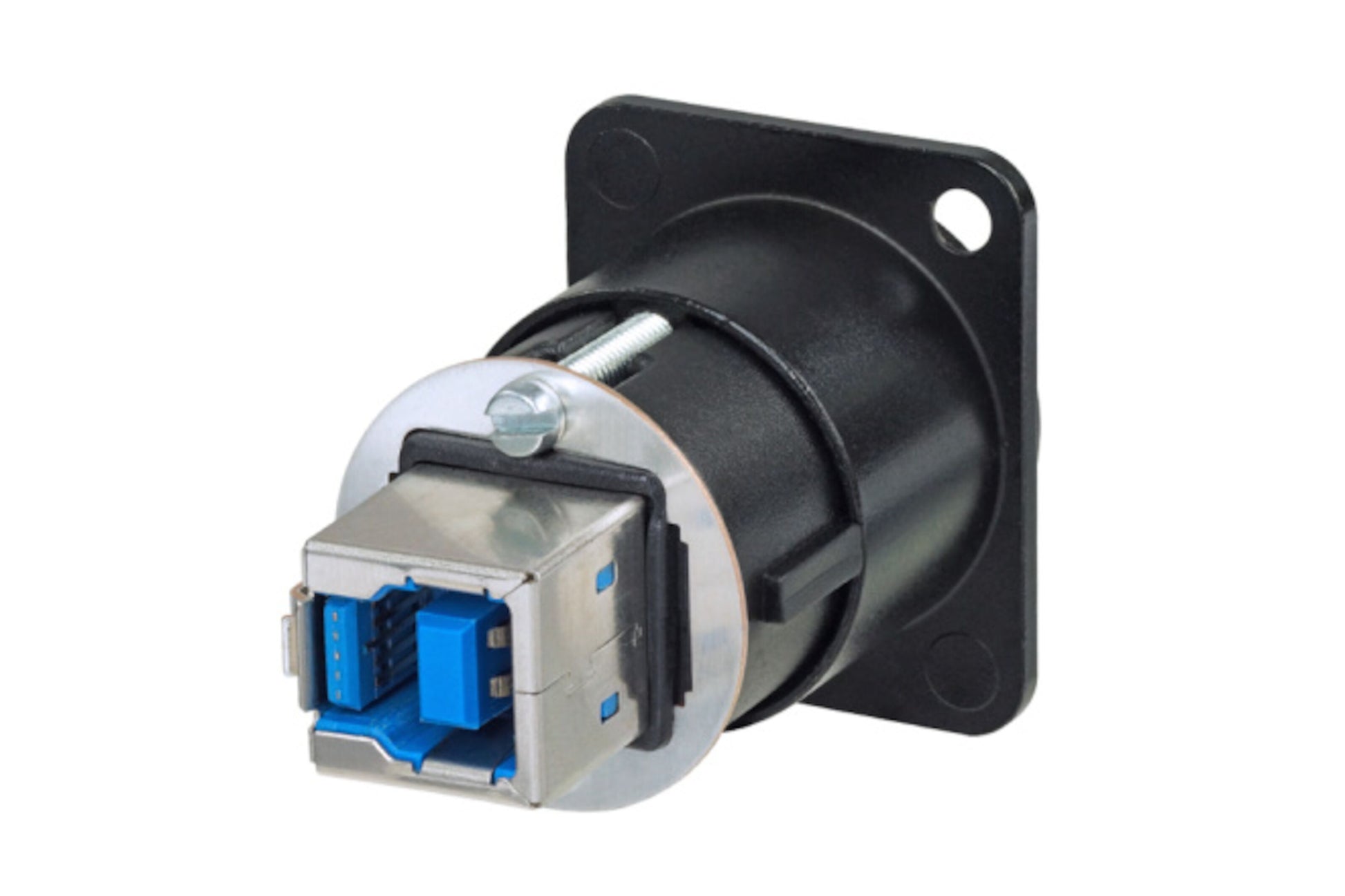 Neutrik Panelstråd USB 5 Gb/s panelmonteret adapter sort/sølv, blå USB 3.0 port, rund metalplade med skruer og firkantet flange.