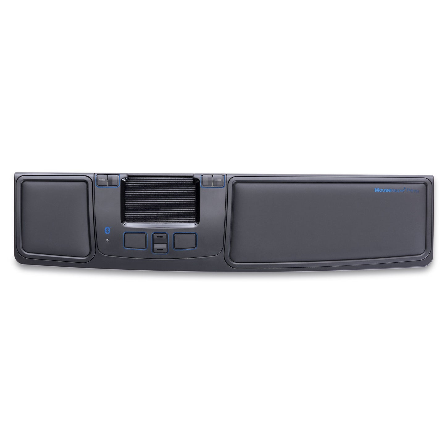 MouseTrapper Prime trådløs ergonomisk mus, sort håndledsstøtte med central betjening, touchpad og kontrolknapper.