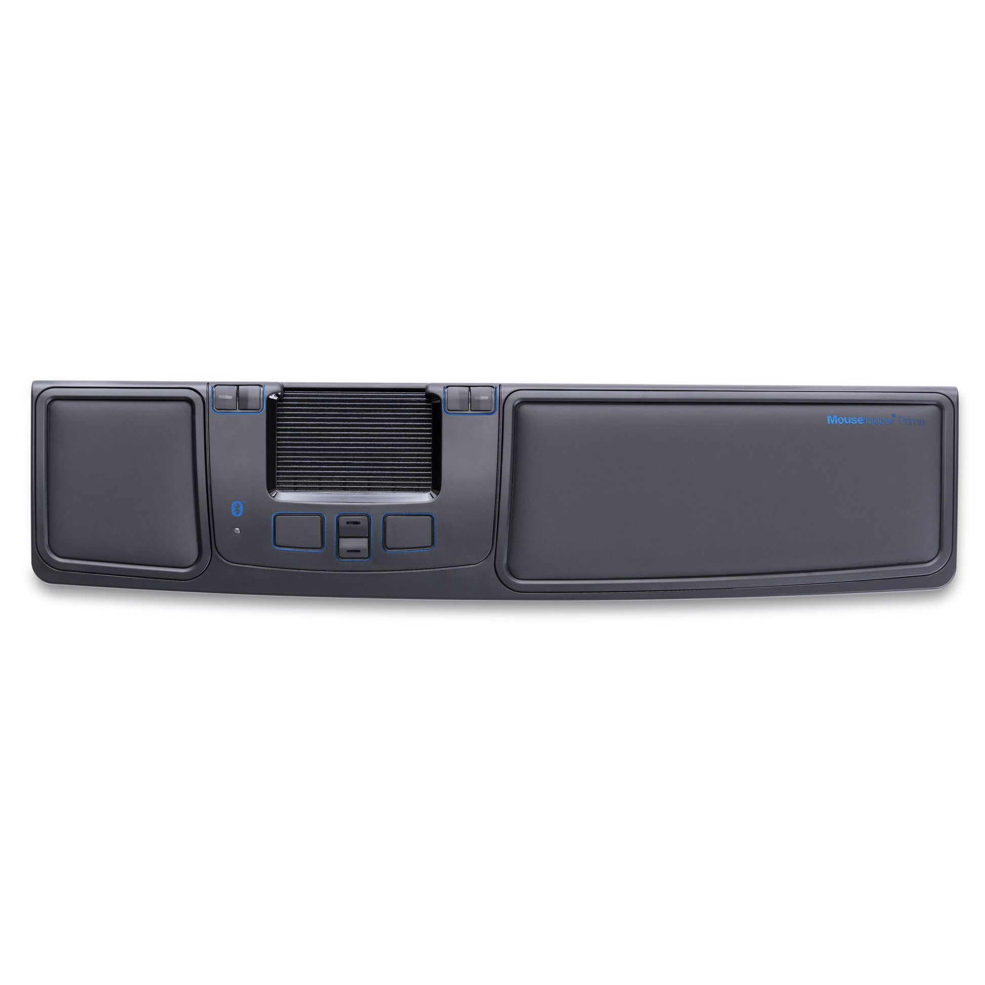 MouseTrapper Prime trådløs ergonomisk mus, sort håndledsstøtte med central betjening, touchpad og kontrolknapper.