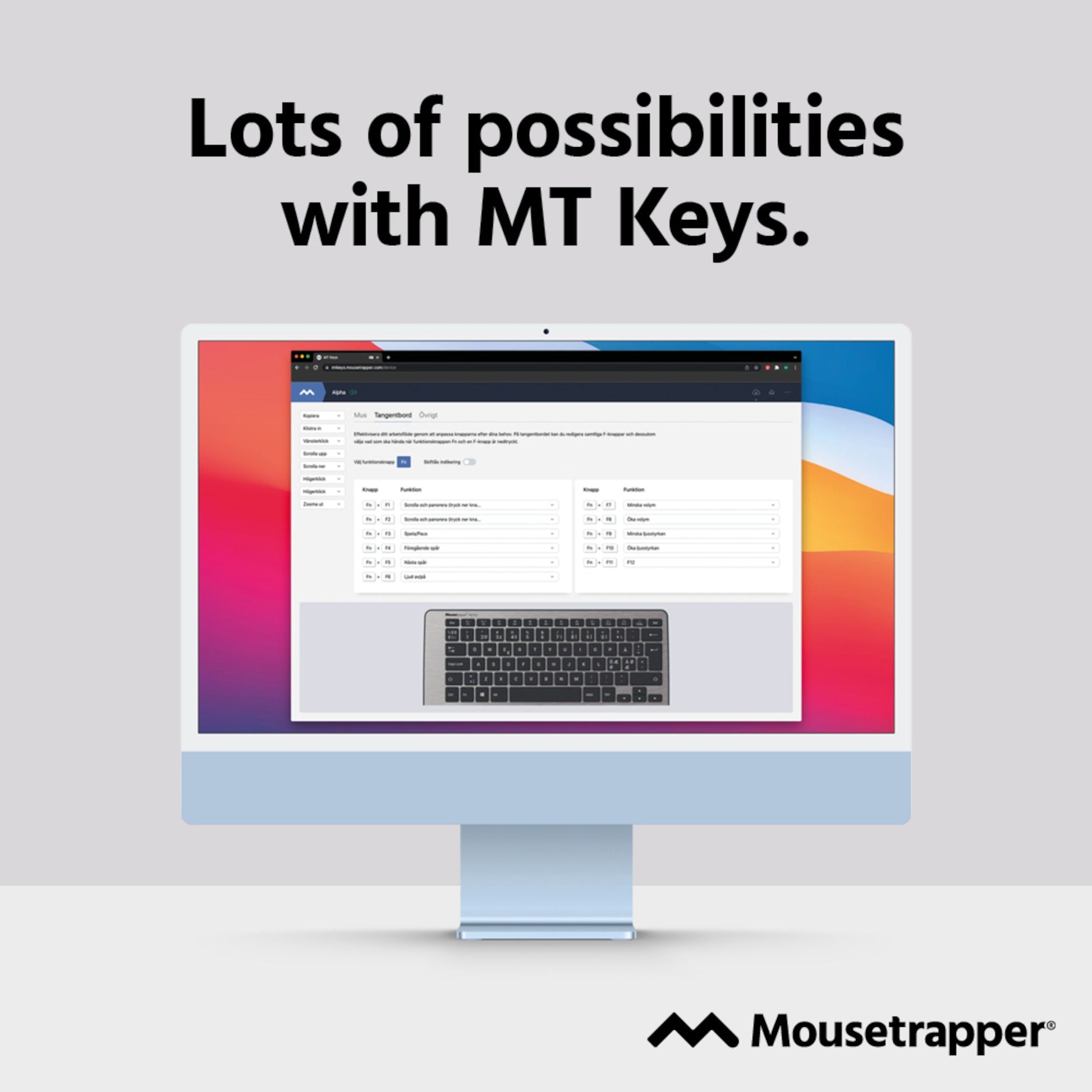 Mousetrapper Prime Trådløs Ergonomisk mus vist med MT Keys interface og tastaturlayout på computerskærm, Mousetrapper logo nederst.