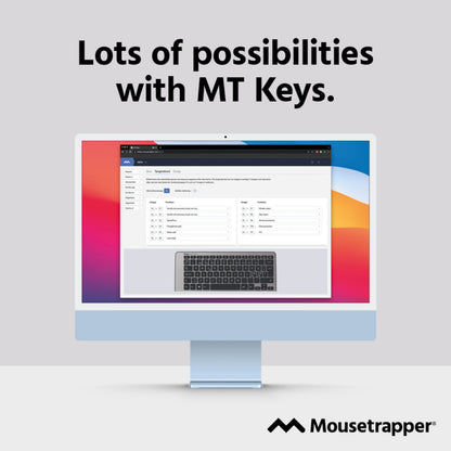 Mousetrapper Prime Trådløs Ergonomisk mus vist med MT Keys interface og tastaturlayout på computerskærm, Mousetrapper logo nederst.