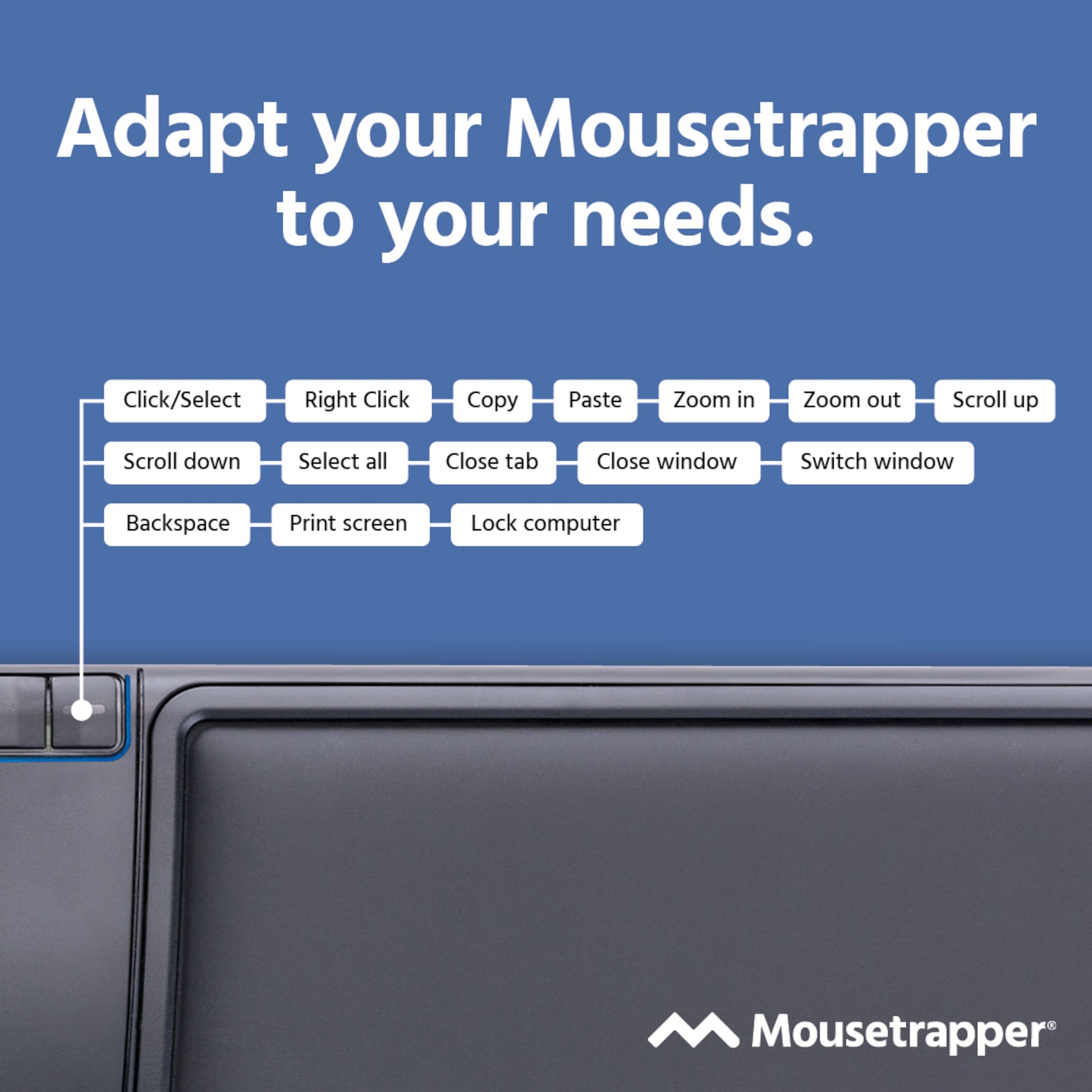 Mousetrapper Prime Trådløs ergonomisk mus med central betjening, knapper til klik, kopi, indsæt, zoom, scroll, Mousetrapper-logo.