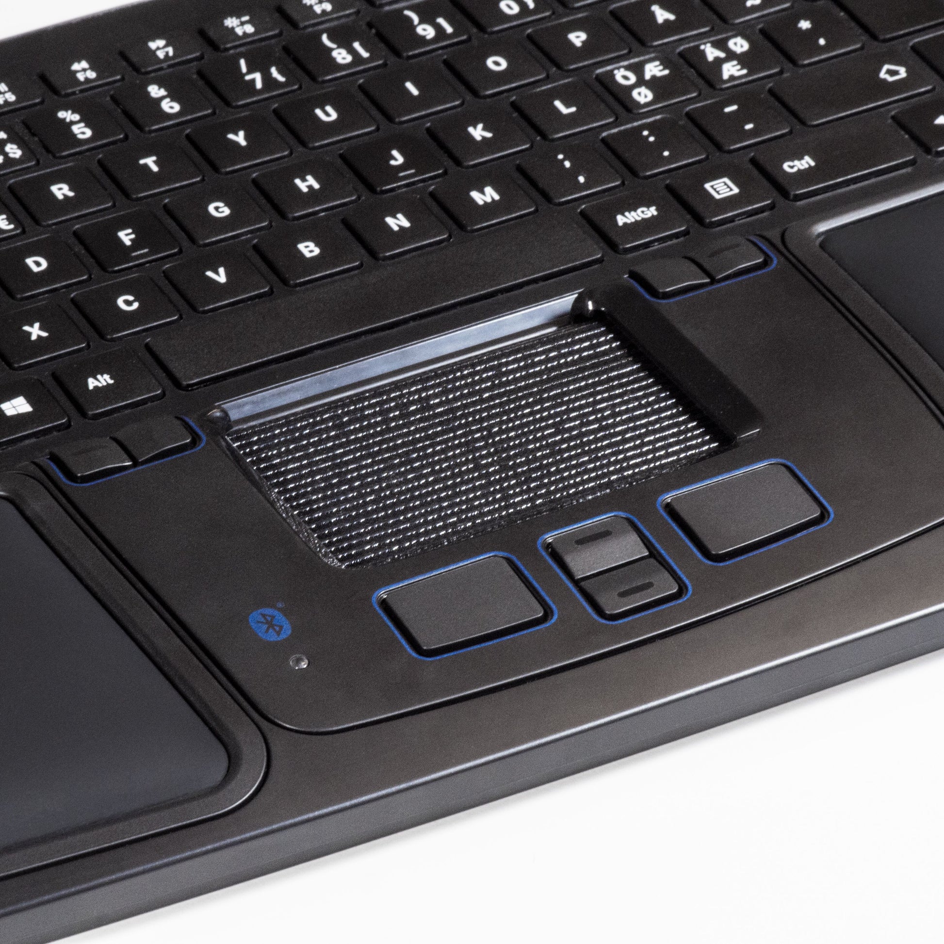 Mousetrapper Prime trådløs ergonomisk mus, sort tastatur med touchpad, museknapper, scrollfelt, Bluetooth-logo, eng/de taster.