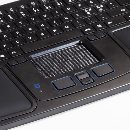 Mousetrapper Prime trådløs ergonomisk mus, sort tastatur med touchpad, museknapper, scrollfelt, Bluetooth-logo, eng/de taster.