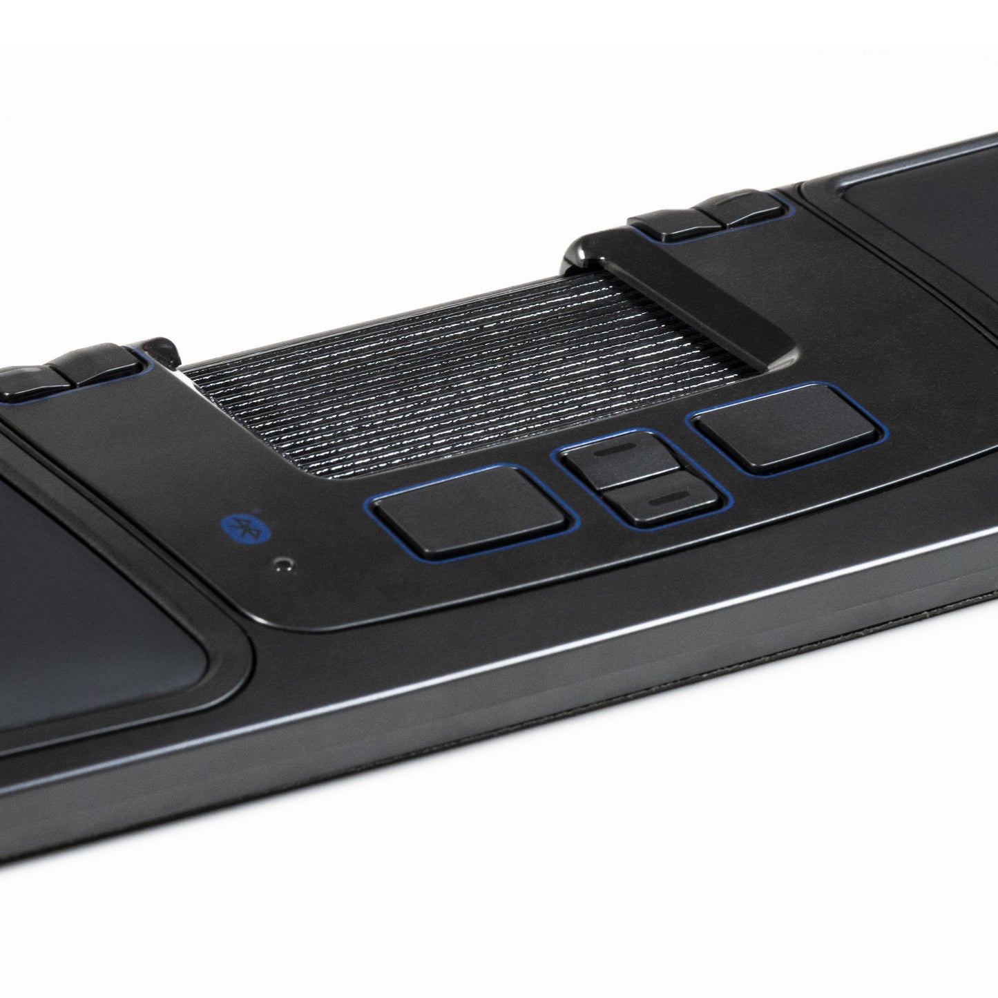 Mousetrapper Prime trådløs ergonomisk mus sort med flere knapper, central betjening, blå detaljer og Bluetooth-symbol.