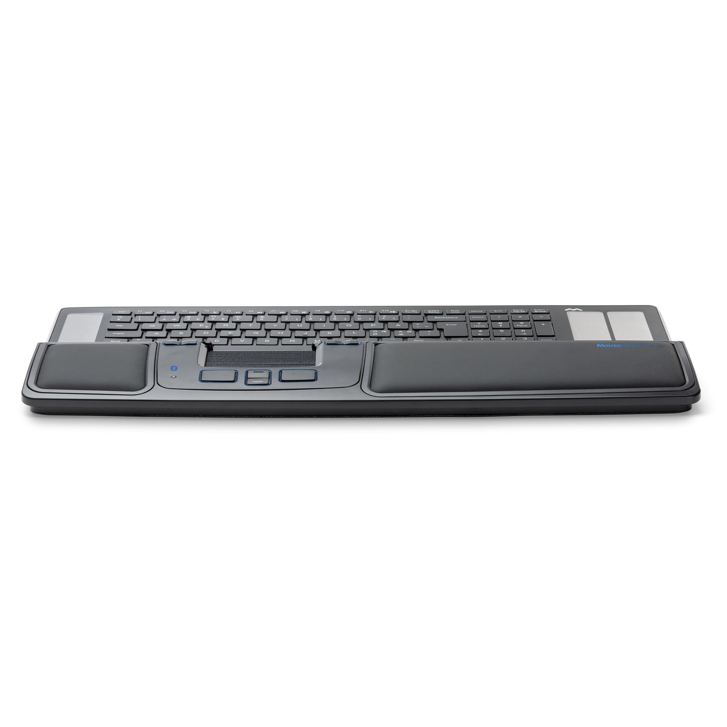 Mousetrapper Prime Trådløs ergonomisk mus, sort med integreret håndledsstøtte, touchpad og blå knapper.