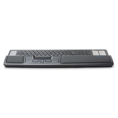 Mousetrapper Prime Trådløs ergonomisk mus, sort med integreret håndledsstøtte, touchpad og blå knapper.