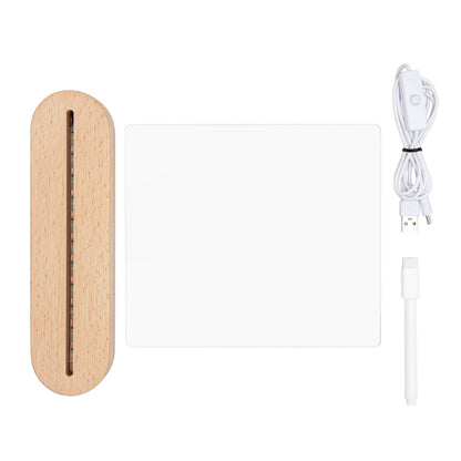 Akryl-LED-tavle Medium med træbase, klar akrylplade, USB-kabel med kontakt og hvid tusch til beskeder eller tegninger.