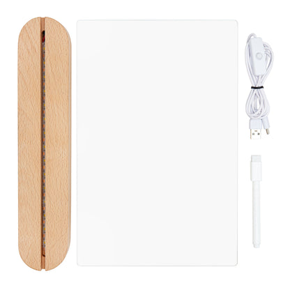 Luxorparts Akryl-LED-tavle Stor med træ LED-base, gennemsigtig skriveflade, hvid USB-kabel og hvid stylus med USB-C.