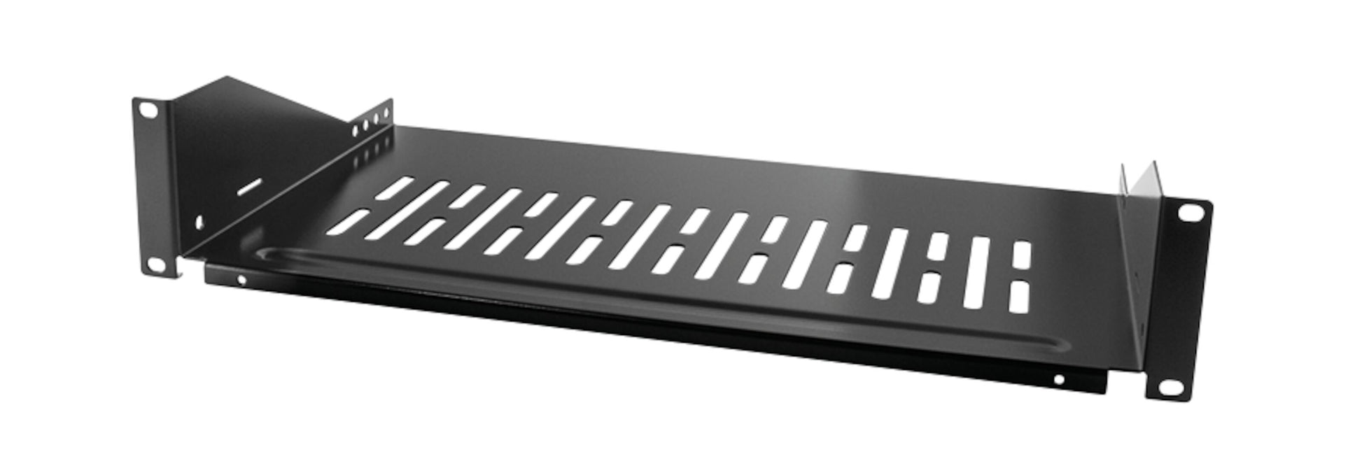 Logilink 19" ventileret sort metalthylde 2U til rackskab/serverrack med monteringshuller i enderne.