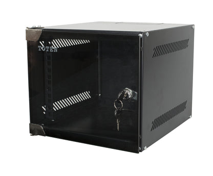 10" vægskab 4U sort metal, transparent frontlåge, lås, sideventilation til netværkskomponenter.