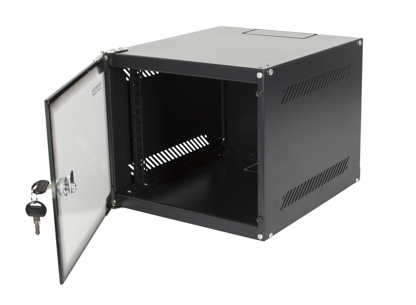 Deltaco 10" vægskab 4U sort, frontlåge åben med nøgle i lås, interne skinner og ventilationsåbninger.