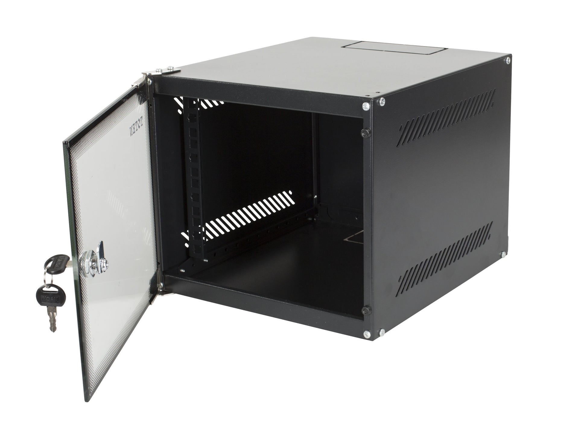 Deltaco 10" vægskab 4U sort, frontlåge åben med nøgle i lås, interne skinner og ventilationsåbninger.