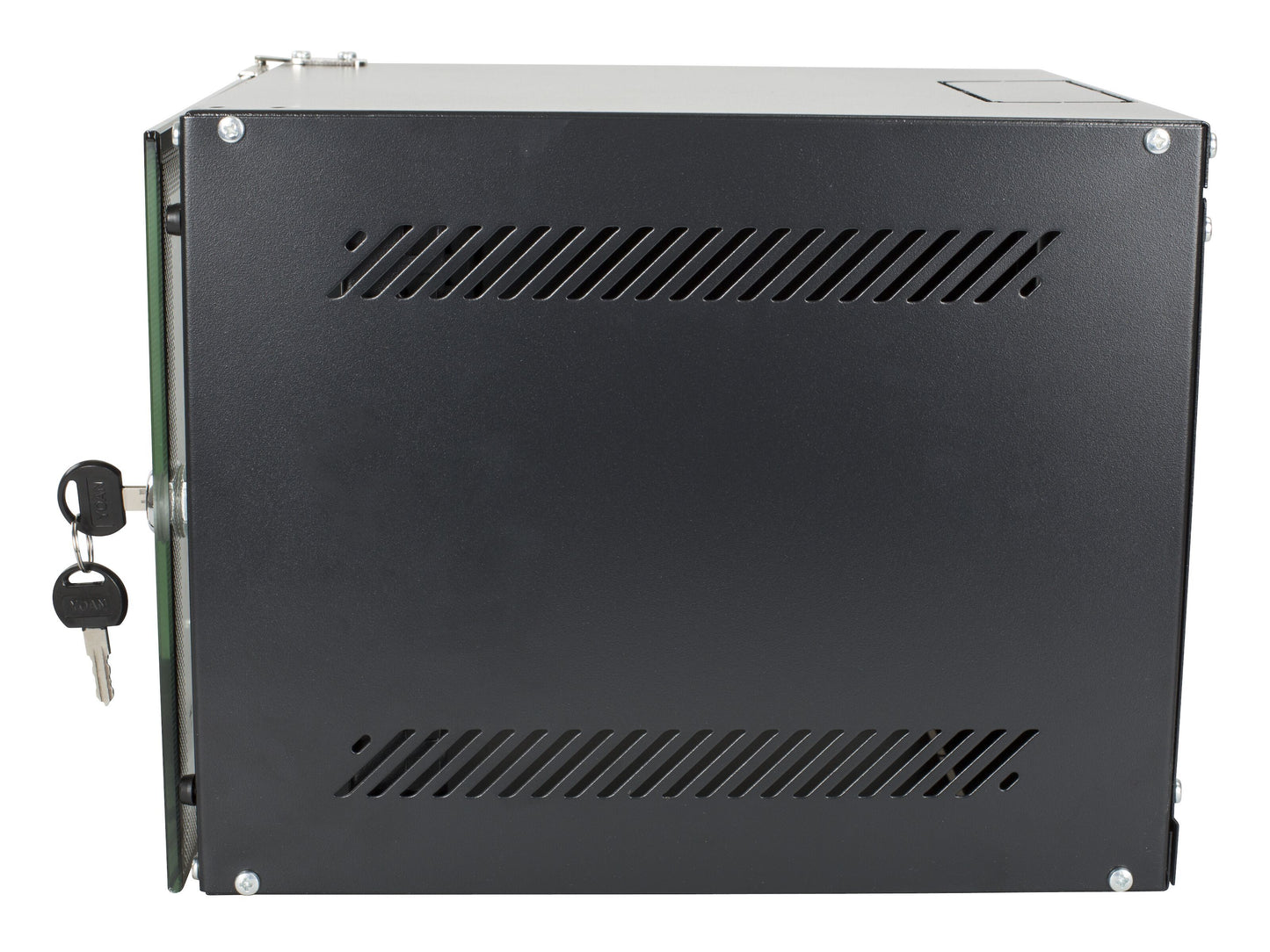 Deltaco 10" vægskab 4U sort, vægmonteret rack med låsbar front, ventilationsslidser og to nøgler.