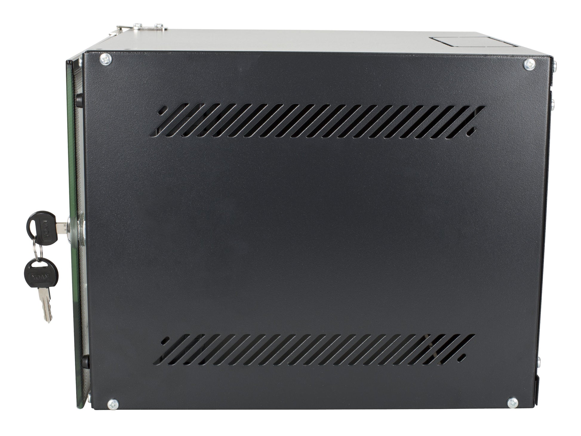 Deltaco 10" vægskab 4U sort, vægmonteret rack med låsbar front, ventilationsslidser og to nøgler.