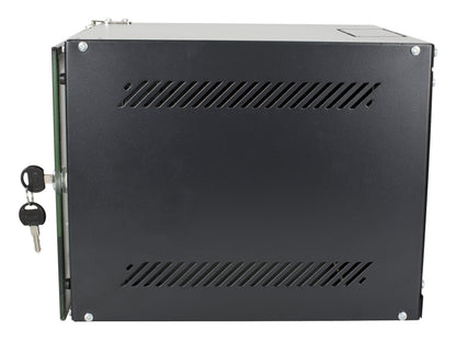 Deltaco 10" vægskab 4U sort, vægmonteret rack med låsbar front, ventilationsslidser og to nøgler.