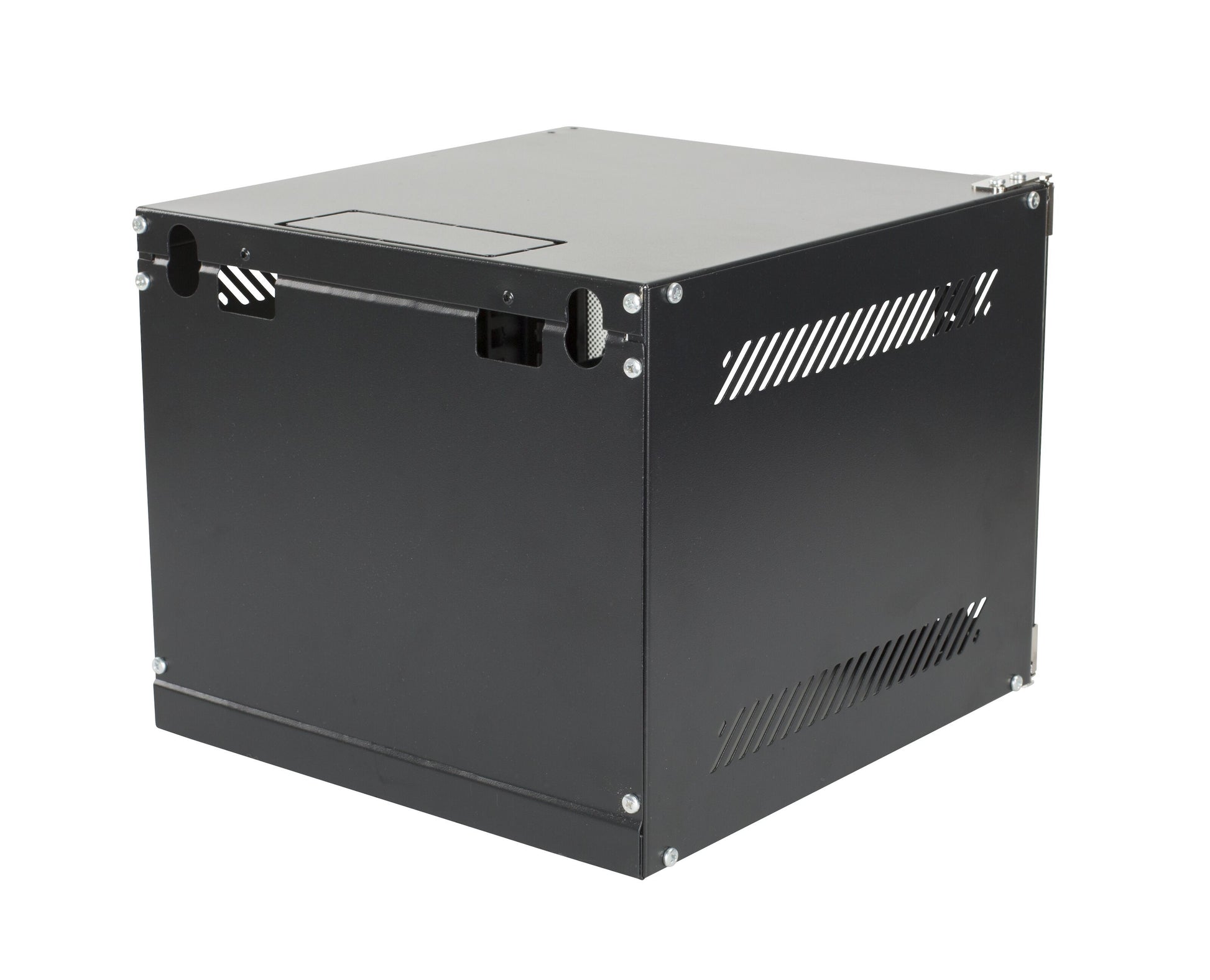 Deltaco 10" vægskab 4U sort, ventilationsslidser side/bag, kabelgennemføringer, hjørneskruer, top-låsemekanisme, skrå vinkel.