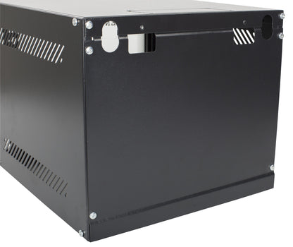 Deltaco 10" vægskab 4U sort, mat metal med ventilationsslidser, kabelåbninger og hjørneskruer til vægmontering.
