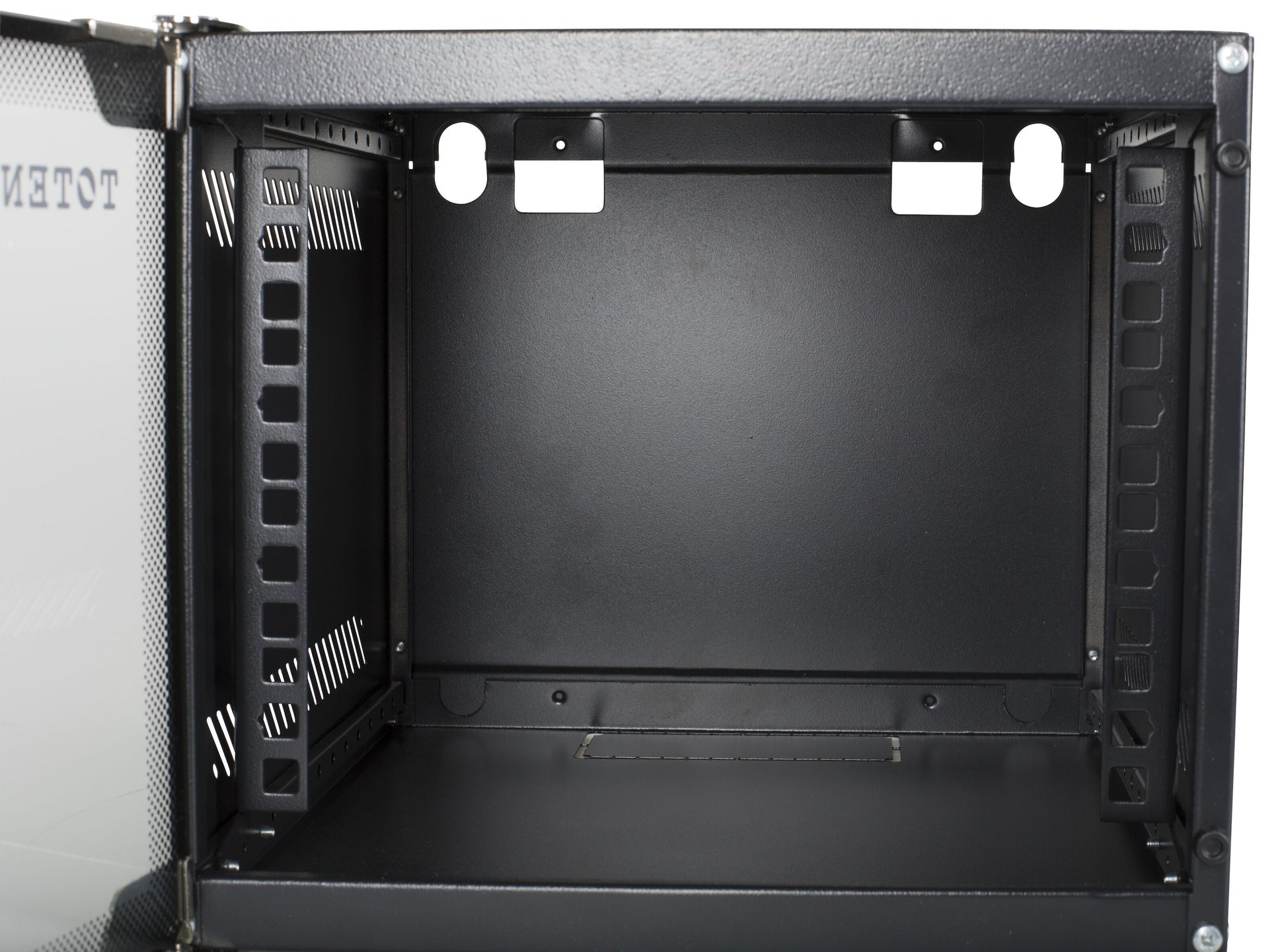 Deltaco 10" vægskab Sort 4U server kabinet, åben glaslåge, sidemonterede skinner, kabelgennemføringer.