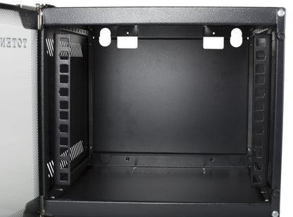 Deltaco 10" vægskab Sort 4U server kabinet, åben glaslåge, sidemonterede skinner, kabelgennemføringer.