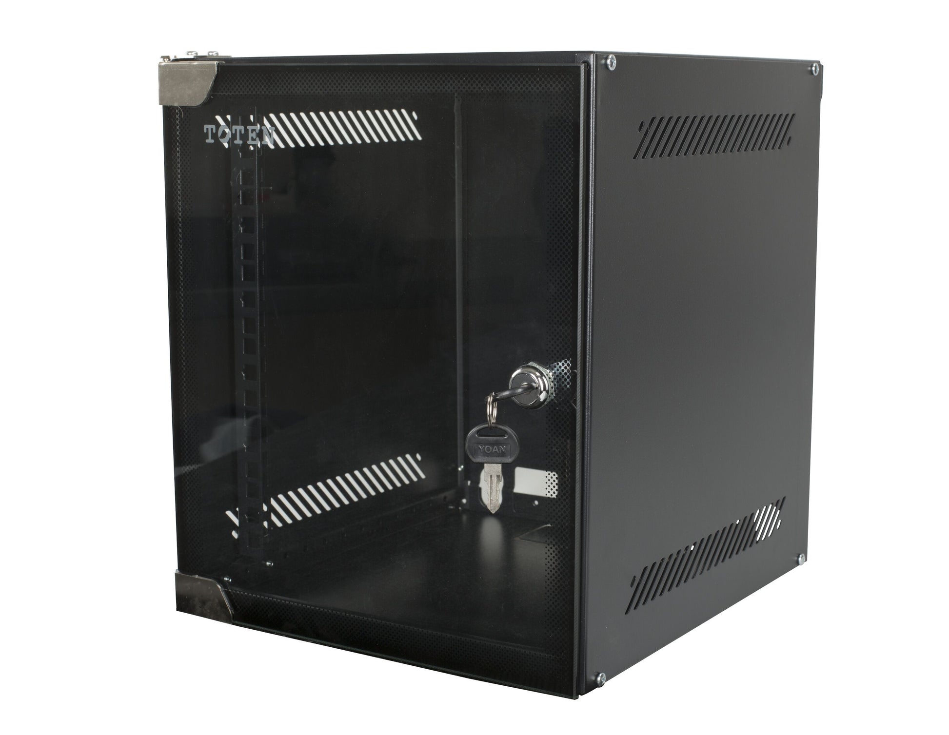 Deltaco 10" væghængt rackskab 6U sort metal, transparent frontdør, ventilationsriller i siderne, lås med nøgle.