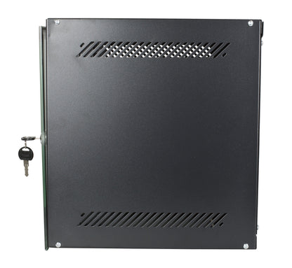 Deltaco 10" væghængt skab 6U sort med nøgle i venstre lås, ventilationsåbninger top/bund, mat finish.