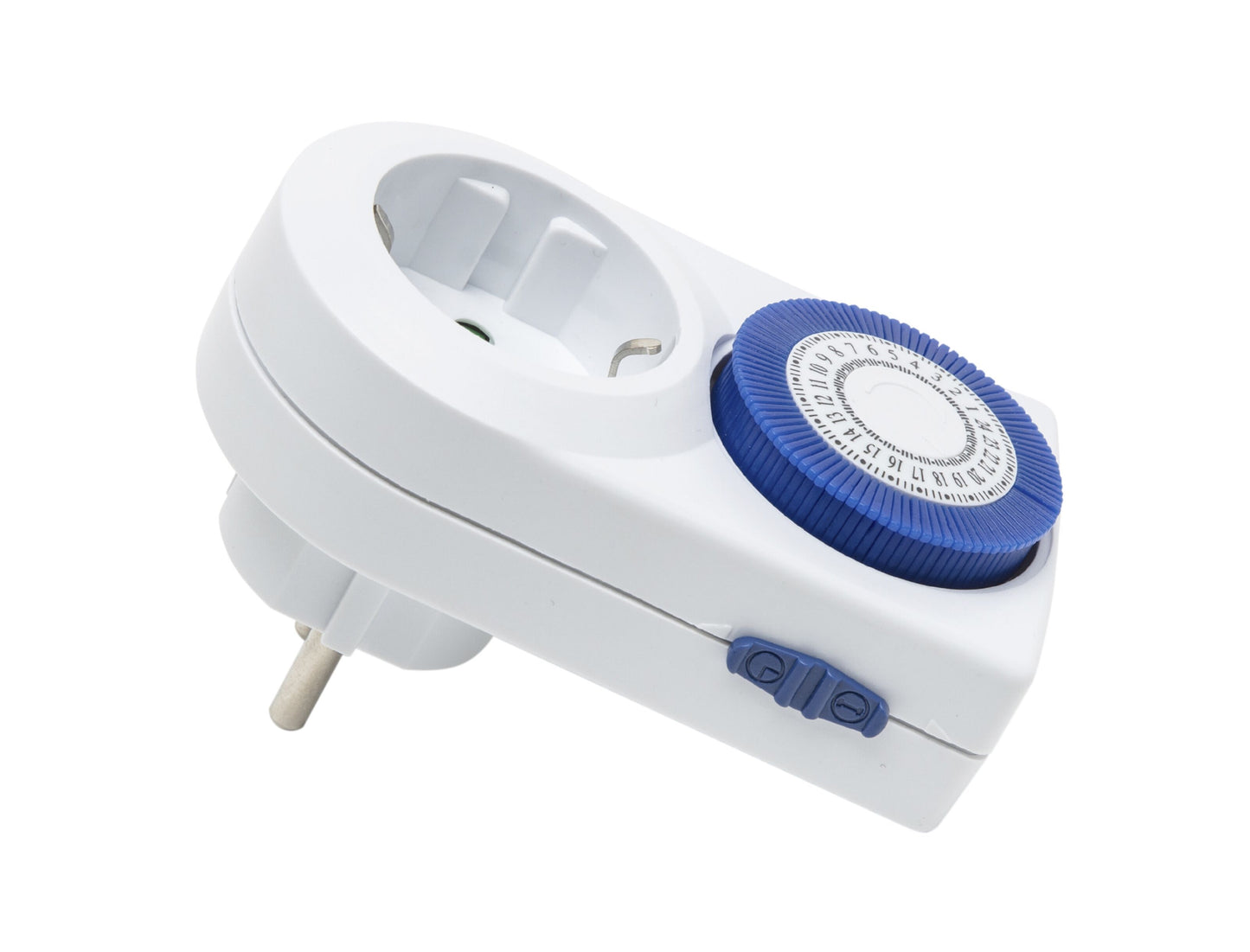 Luxorparts Timer 24 t 2-pak, hvid med blåt/hvidt drejehjul, 24-timers timer, jordet stik, sidekontakt.