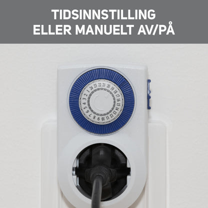 Luxorparts Timer 24 t med jord 2-pak i jordet stikkontakt, rund drejeskive ses, norsk tekst: TIDSINNSTILLING ELLER MANUELT AV/PÅ.