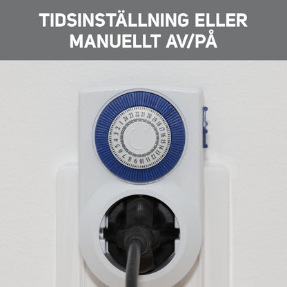 Timer 24 t med jord, 2-pak, tilsluttet jordet stikkontakt med ledning og synlig drejeskive, tekst: "Tidsinställning eller manuellt av/på.