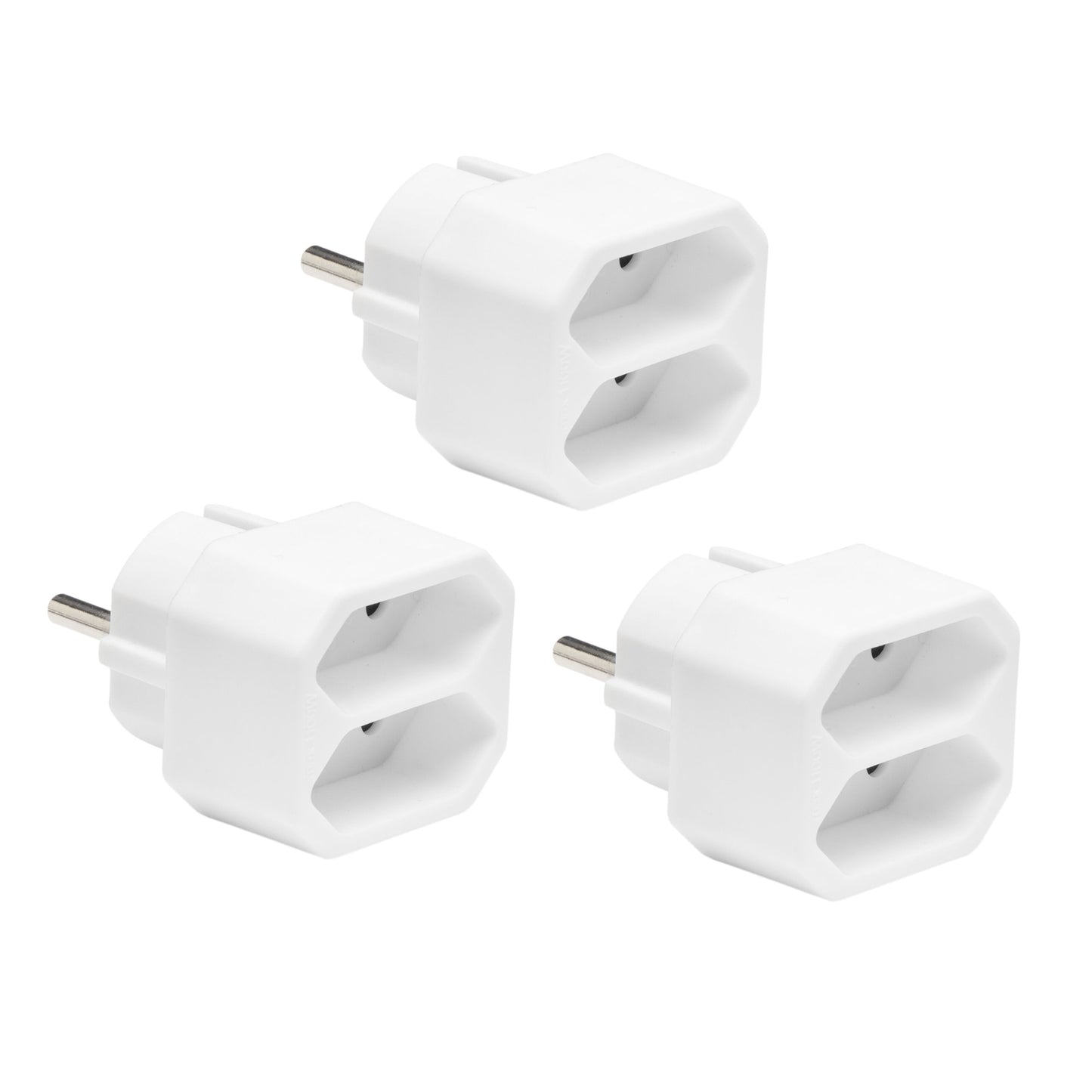 Luxorparts stikdåse EU 2-vejs adapter 3-pak, hver med to stikudtag, placeret i trekantet opstilling.