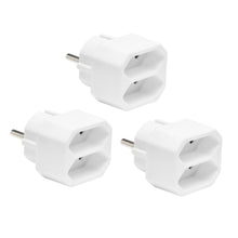 Luxorparts stikdåse EU 2-vejs adapter 3-pak, hver med to stikudtag, placeret i trekantet opstilling.