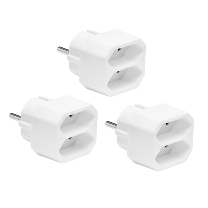 Luxorparts stikdåse EU 2-vejs adapter 3-pak, hver med to stikudtag, placeret i trekantet opstilling.