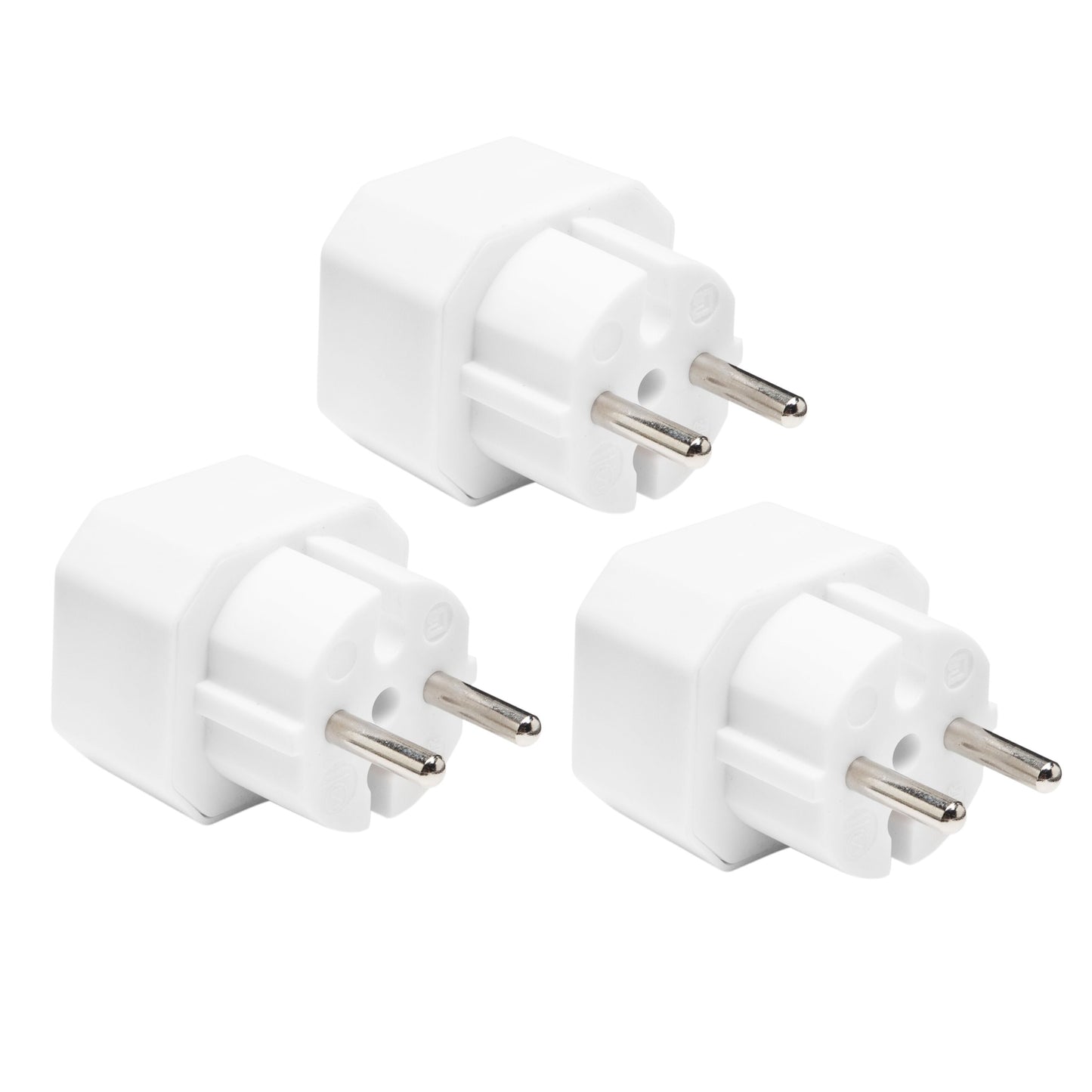 Luxorparts stikdåse EU 2-vejs adapter 3-pak med to runde ben per stik, adapttere vist side om side.